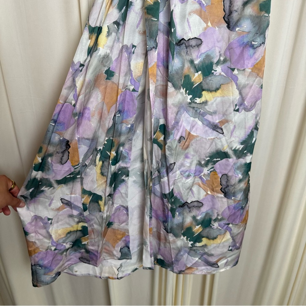 For Love And Lemons Megan Midi‎ Dress Purple Floral Satin Wrap Slit Sundress NEW - Picture 8 of 10